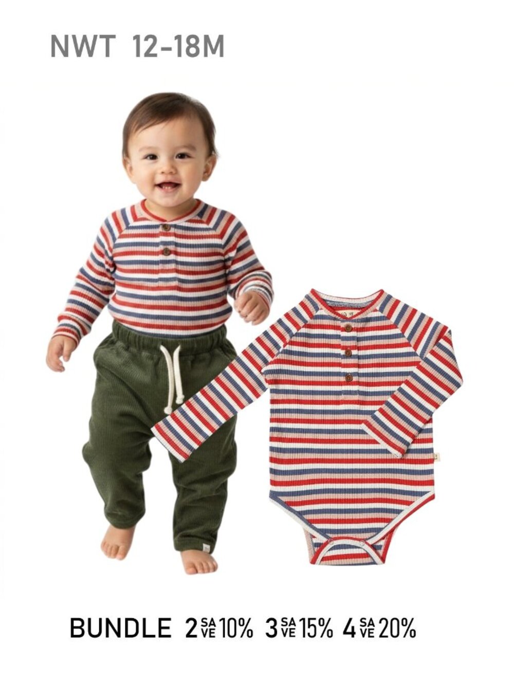 NWT - ME & HENRY Multi color stripe Henley Romper - Size 12/18m